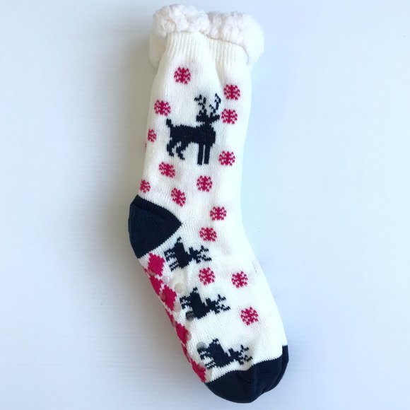 Navy Reindeer on White, Sherpa Lined Slipper Socks - Picture 1 of 4